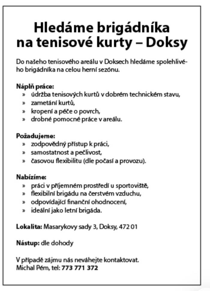 Hledáme brigádníka na tenisové kurty - Doksy